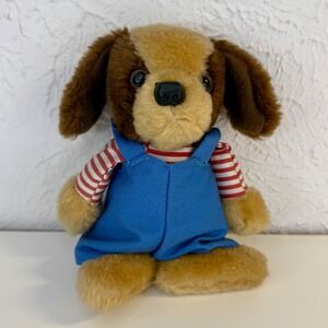 Vintage Plush Brown Stuffed Dog Handmade Red Striped Shirt‎ Blue Overalls 7" EUC